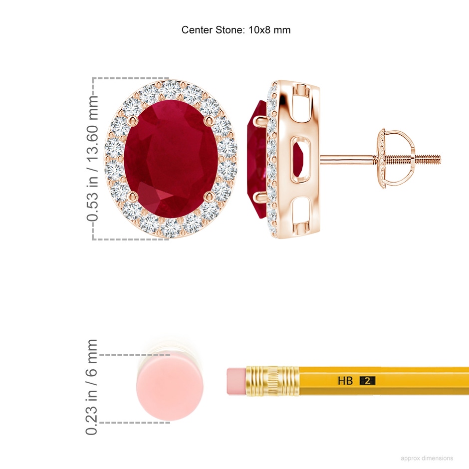 10x8mm AA Prong-Set Oval Ruby Stud Earrings with Diamond Halo in Rose Gold ruler