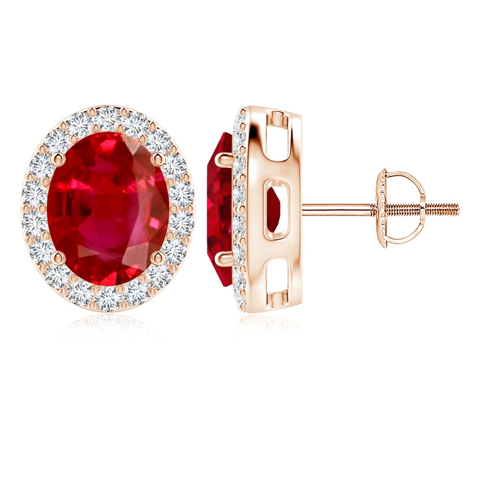 10x8mm AAA Prong-Set Oval Ruby Stud Earrings with Diamond Halo in Rose Gold 