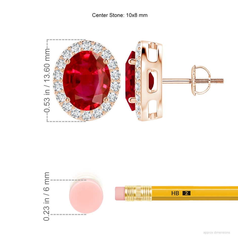 10x8mm AAA Prong-Set Oval Ruby Stud Earrings with Diamond Halo in Rose Gold ruler