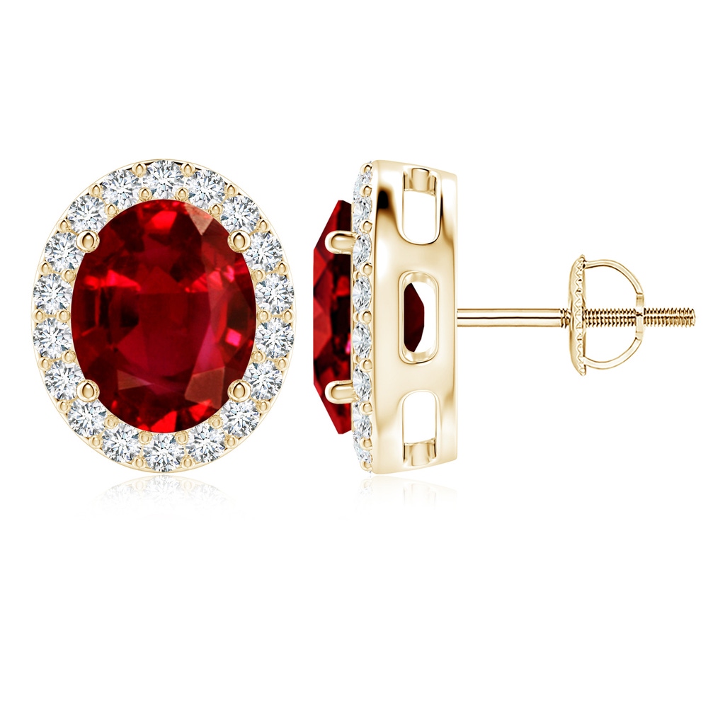 10x8mm AAAA Oval Ruby Studs with Diamond Halo in Yellow Gold