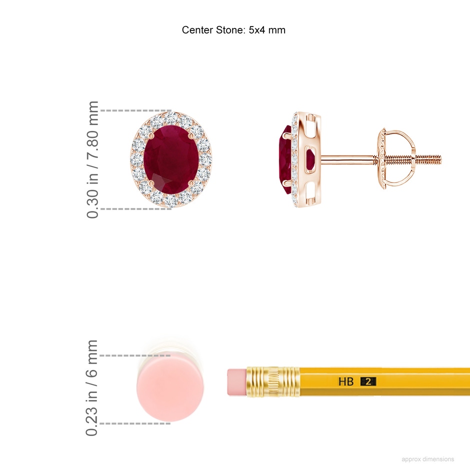 5x4mm A Prong-Set Oval Ruby Stud Earrings with Diamond Halo in Rose Gold ruler