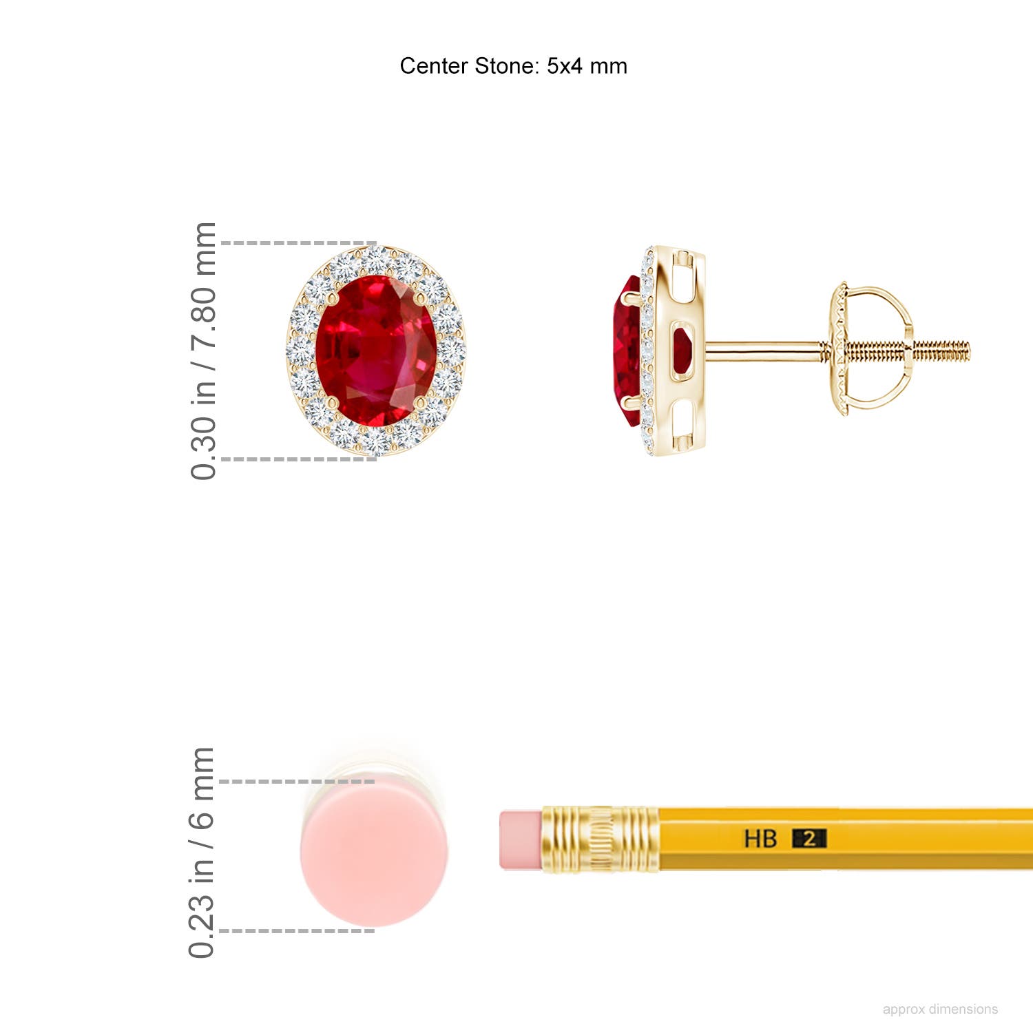 5x4mm AAA Prong-Set Oval Ruby Stud Earrings with Diamond Halo in Yellow Gold - ruler