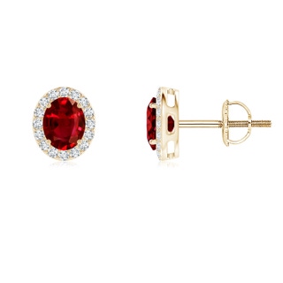 5x4mm AAAA Oval Ruby Studs with Diamond Halo in 10K Yellow Gold