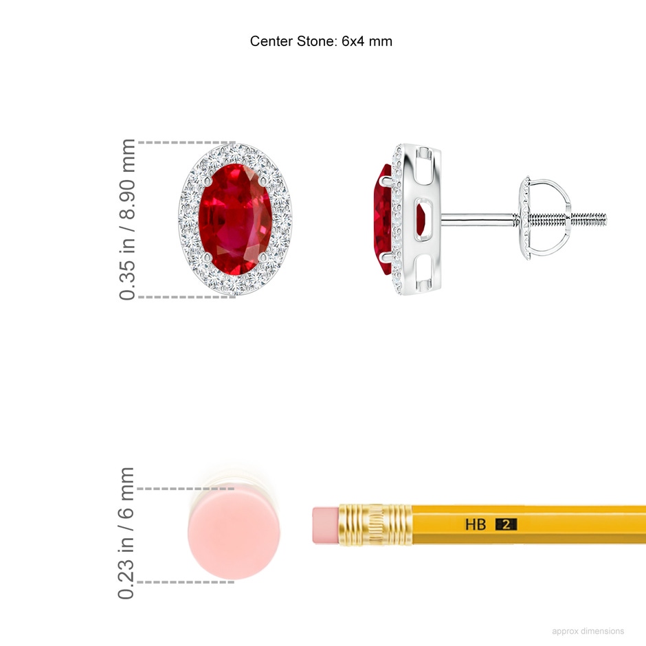 6x4mm AAA Prong-Set Oval Ruby Stud Earrings with Diamond Halo in White Gold ruler