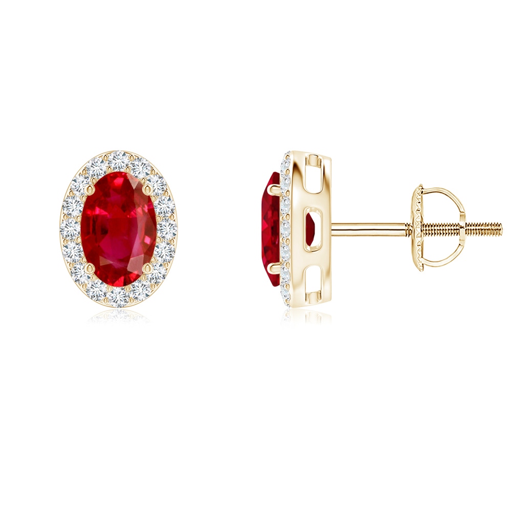 6x4mm AAA Oval Ruby Studs with Diamond Halo in Yellow Gold