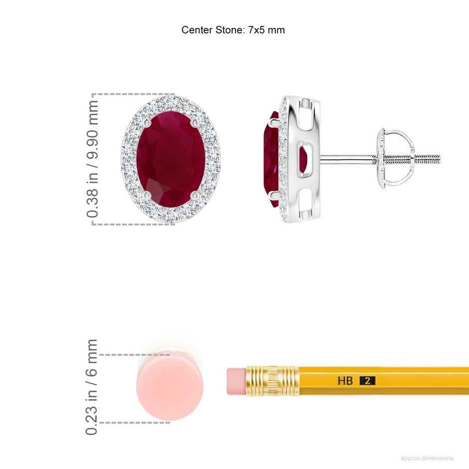 7x5mm A Prong-Set Oval Ruby Stud Earrings with Diamond Halo in White Gold ruler