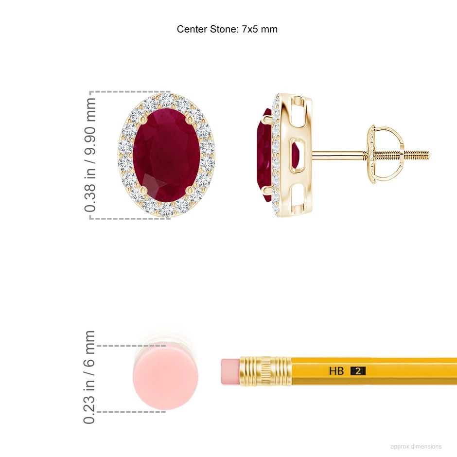 7x5mm A Prong-Set Oval Ruby Stud Earrings with Diamond Halo in Yellow Gold ruler