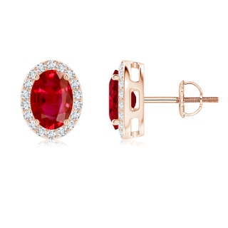 7x5mm AAA Prong-Set Oval Ruby Stud Earrings with Diamond Halo in 9K Rose Gold