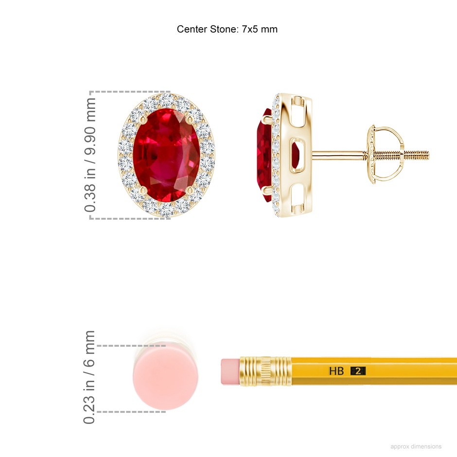 7x5mm AAA Prong-Set Oval Ruby Stud Earrings with Diamond Halo in Yellow Gold ruler