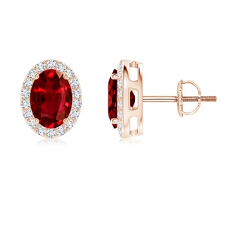 7x5mm AAAA Oval Ruby Studs with Diamond Halo in 9K Rose Gold