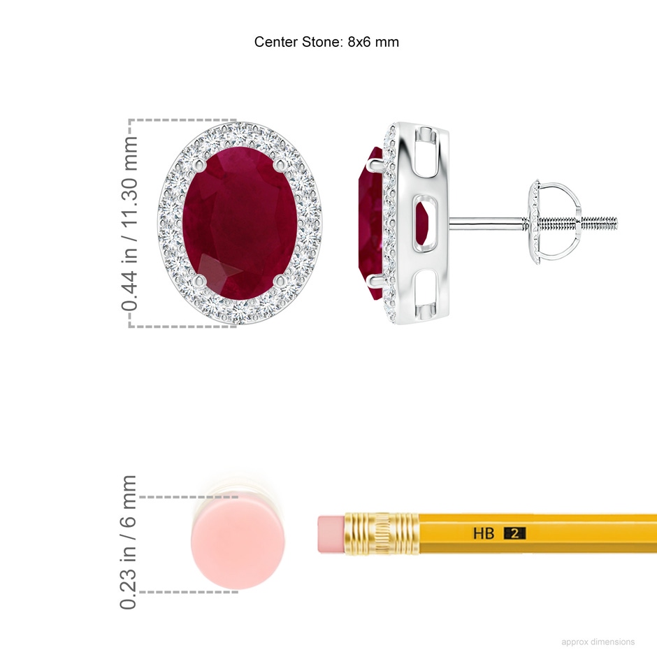 8x6mm A Prong-Set Oval Ruby Stud Earrings with Diamond Halo in White Gold ruler