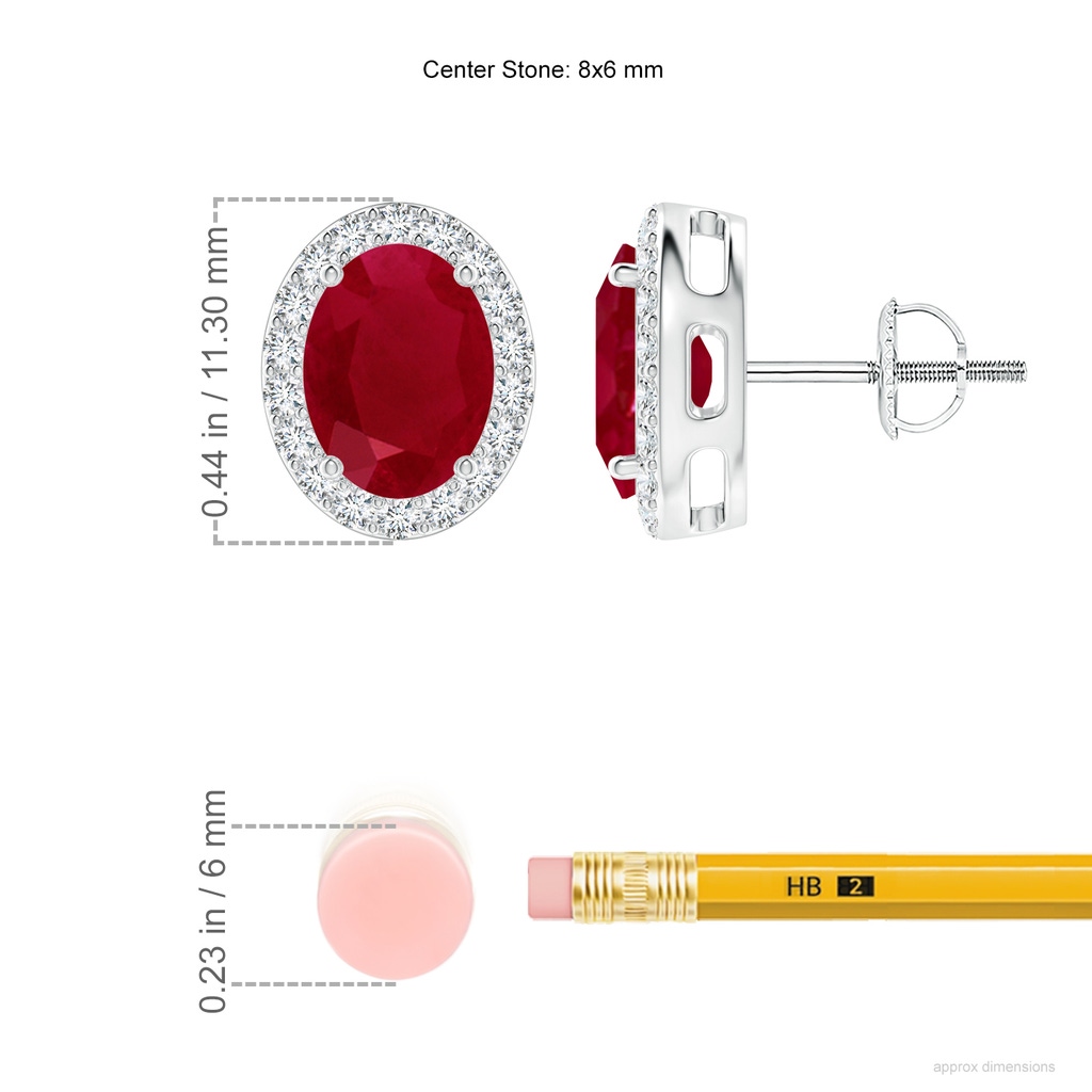 8x6mm AA Oval Ruby Studs with Diamond Halo in P950 Platinum ruler