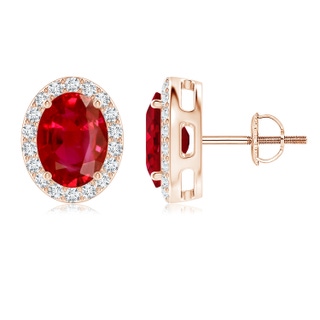 8x6mm AAA Prong-Set Oval Ruby Stud Earrings with Diamond Halo in 18K Rose Gold