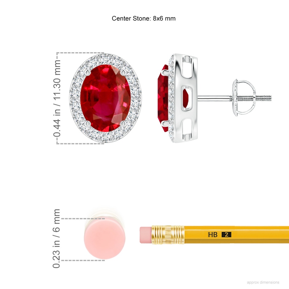 8x6mm AAA Prong-Set Oval Ruby Stud Earrings with Diamond Halo in P950 Platinum ruler