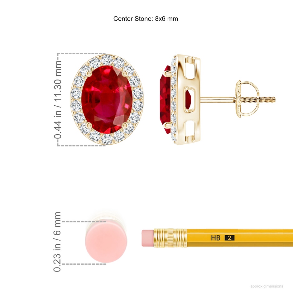 8x6mm AAA Prong-Set Oval Ruby Stud Earrings with Diamond Halo in Yellow Gold ruler