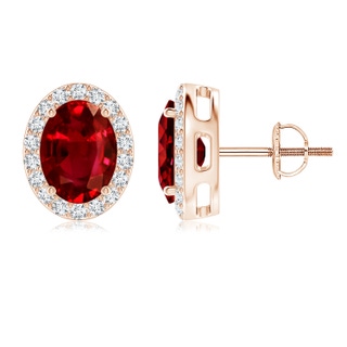 8x6mm AAAA Prong-Set Oval Ruby Stud Earrings with Diamond Halo in 18K Rose Gold