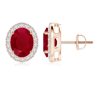 9x7mm AA Prong-Set Oval Ruby Stud Earrings with Diamond Halo in 18K Rose Gold