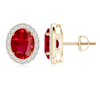 9x7mm AAA Oval Ruby Studs with Diamond Halo in 10K Yellow Gold