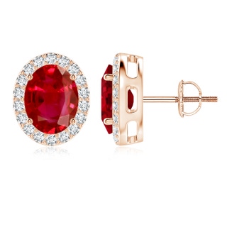 9x7mm AAA Prong-Set Oval Ruby Stud Earrings with Diamond Halo in 9K Rose Gold