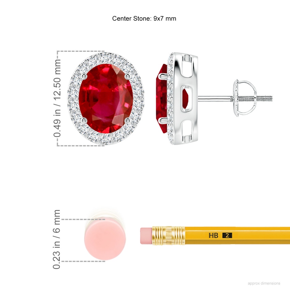 9x7mm AAA Prong-Set Oval Ruby Stud Earrings with Diamond Halo in P950 Platinum ruler