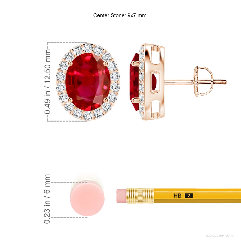 9x7mm AAA Prong-Set Oval Ruby Stud Earrings with Diamond Halo in Rose Gold ruler
