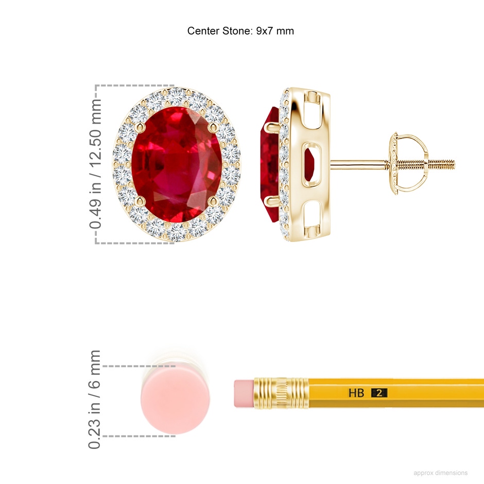 9x7mm AAA Prong-Set Oval Ruby Stud Earrings with Diamond Halo in Yellow Gold ruler