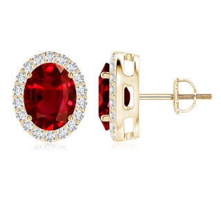 9x7mm AAAA Oval Ruby Studs with Diamond Halo in 10K Yellow Gold