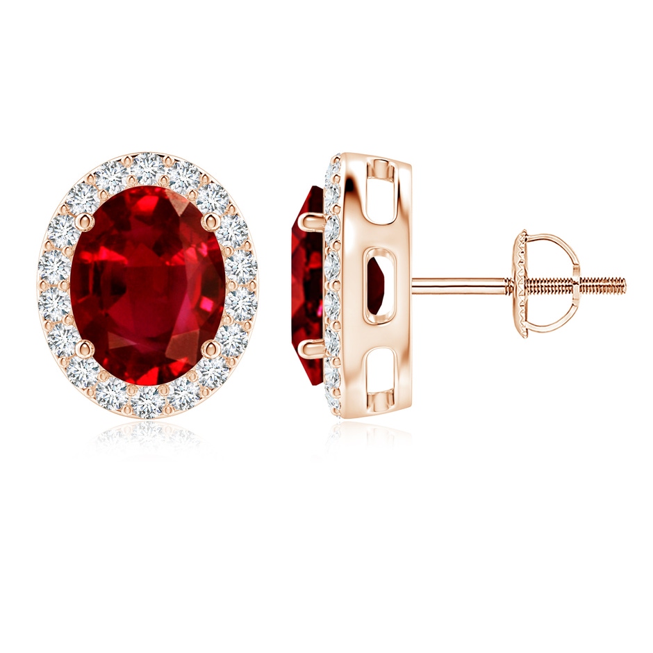 9x7mm AAAA Prong-Set Oval Ruby Stud Earrings with Diamond Halo in Rose Gold 