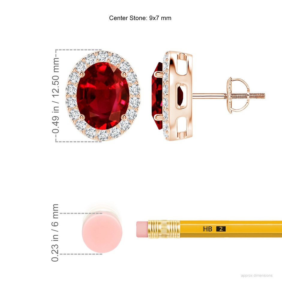 9x7mm AAAA Prong-Set Oval Ruby Stud Earrings with Diamond Halo in Rose Gold ruler