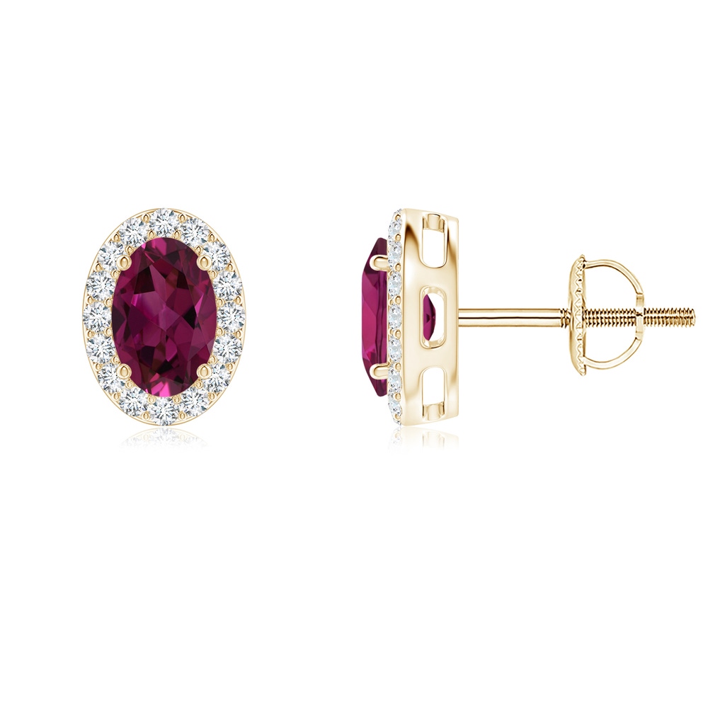6x4mm AAAA Oval Rhodolite Studs with Diamond Halo in Yellow Gold