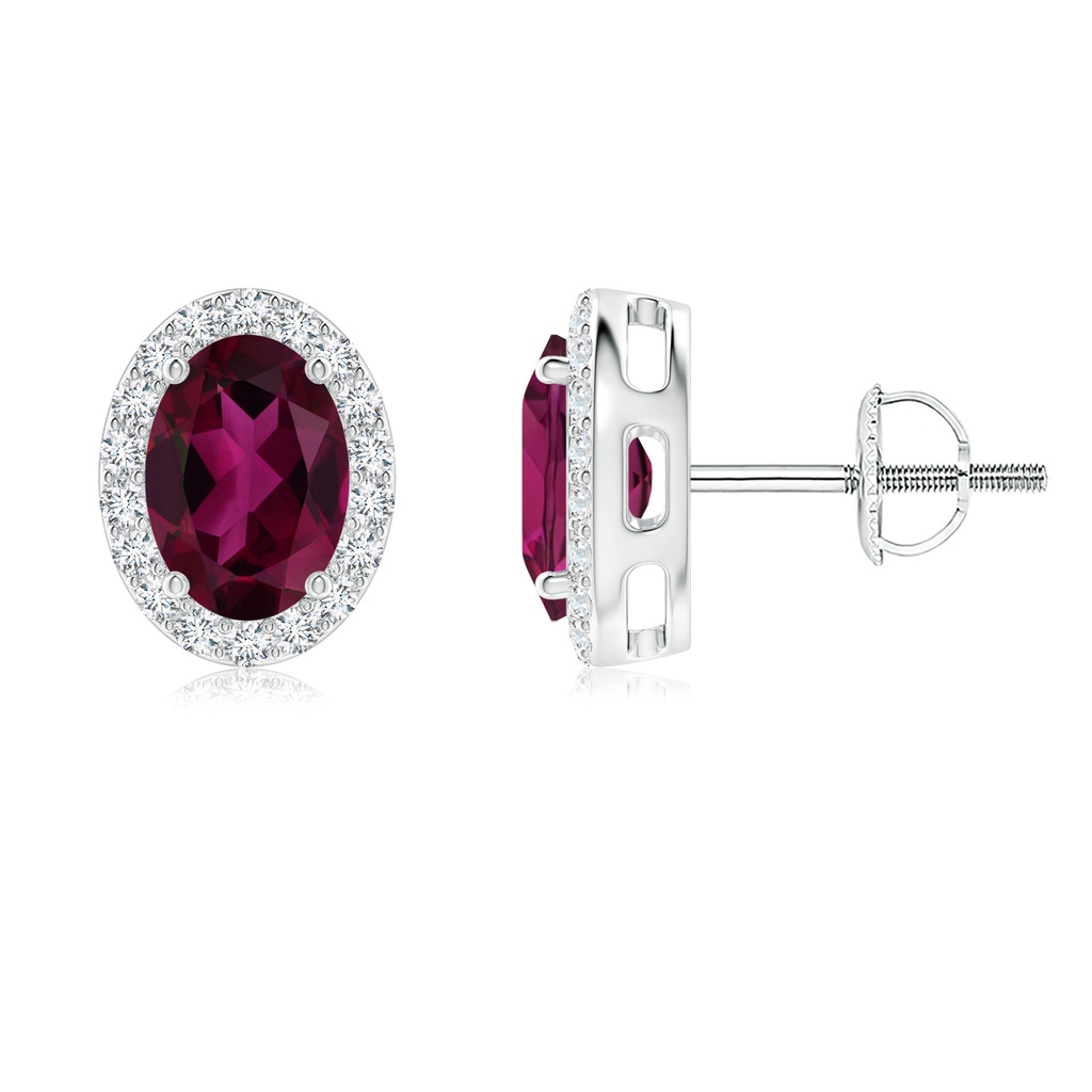 7x5mm AAA Oval Rhodolite Studs with Diamond Halo in White Gold