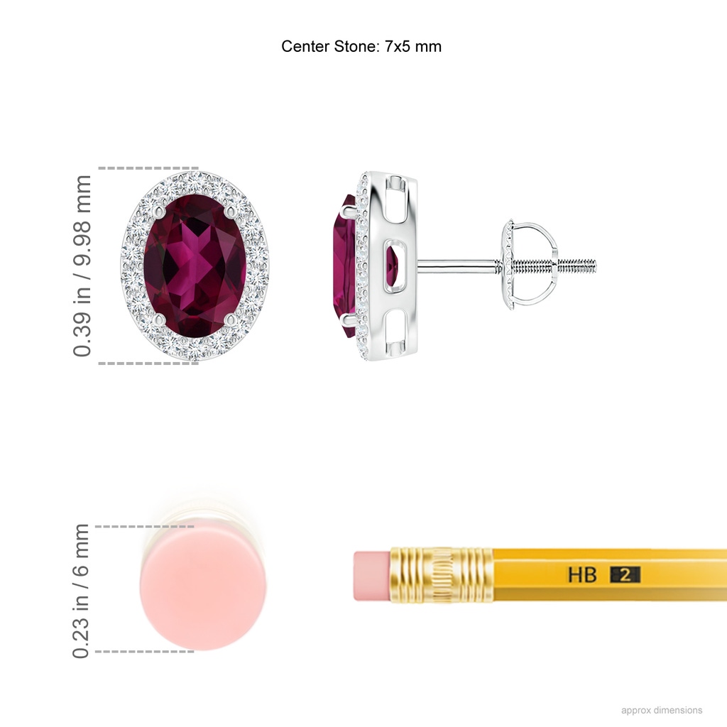 7x5mm AAA Oval Rhodolite Studs with Diamond Halo in White Gold Ruler