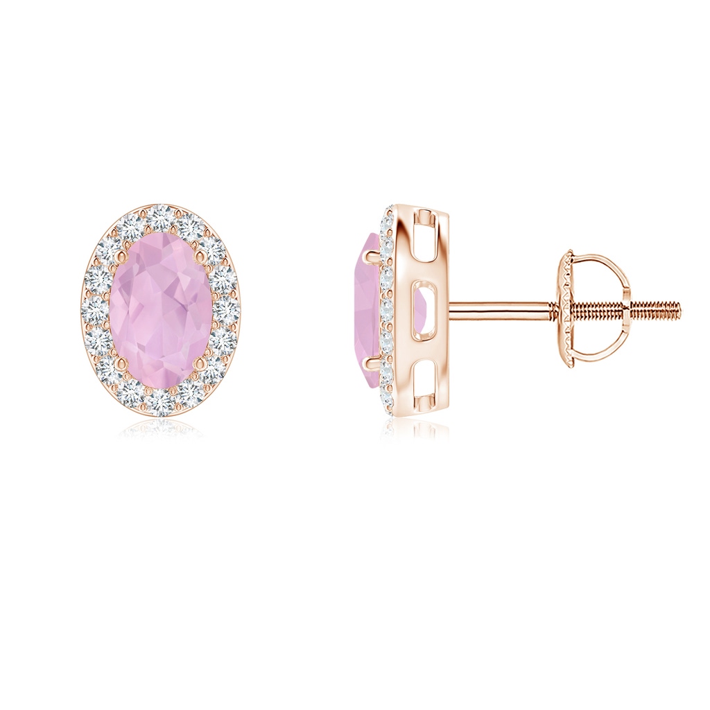 6x4mm AAAA Oval Rose Quartz Studs with Diamond Halo in Rose Gold