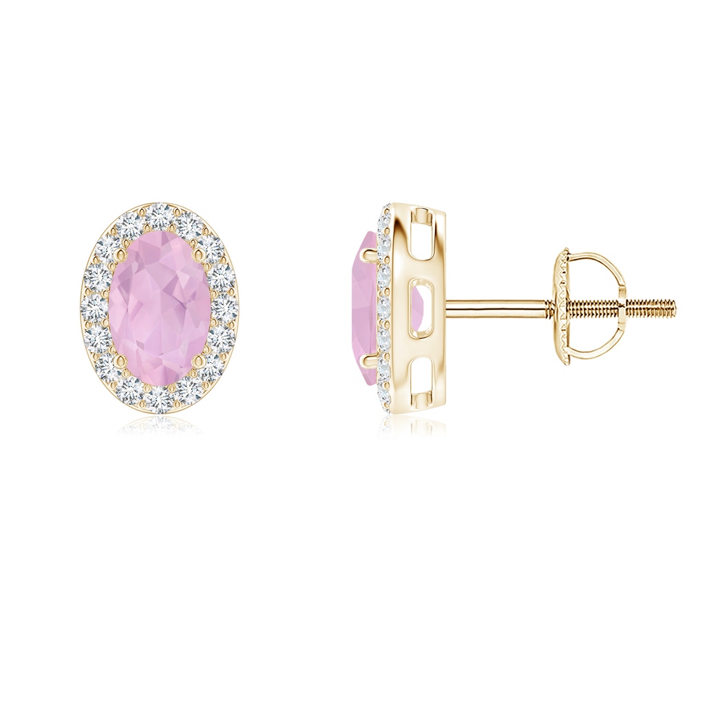 6x4mm AAAA Oval Rose Quartz Studs with Diamond Halo in Yellow Gold