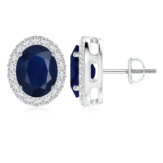 10x8mm A Oval Blue Sapphire Studs with Diamond Halo in 9K White Gold