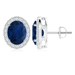 10x8mm AA Oval Blue Sapphire Studs with Diamond Halo in 9K White Gold