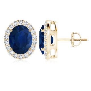 10x8mm AA Oval Blue Sapphire Studs with Diamond Halo in Yellow Gold
