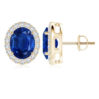 10x8mm AAA Oval Blue Sapphire Studs with Diamond Halo in 10K Yellow Gold