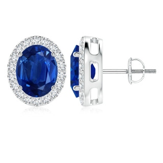 10x8mm AAA Oval Blue Sapphire Studs with Diamond Halo in 9K White Gold