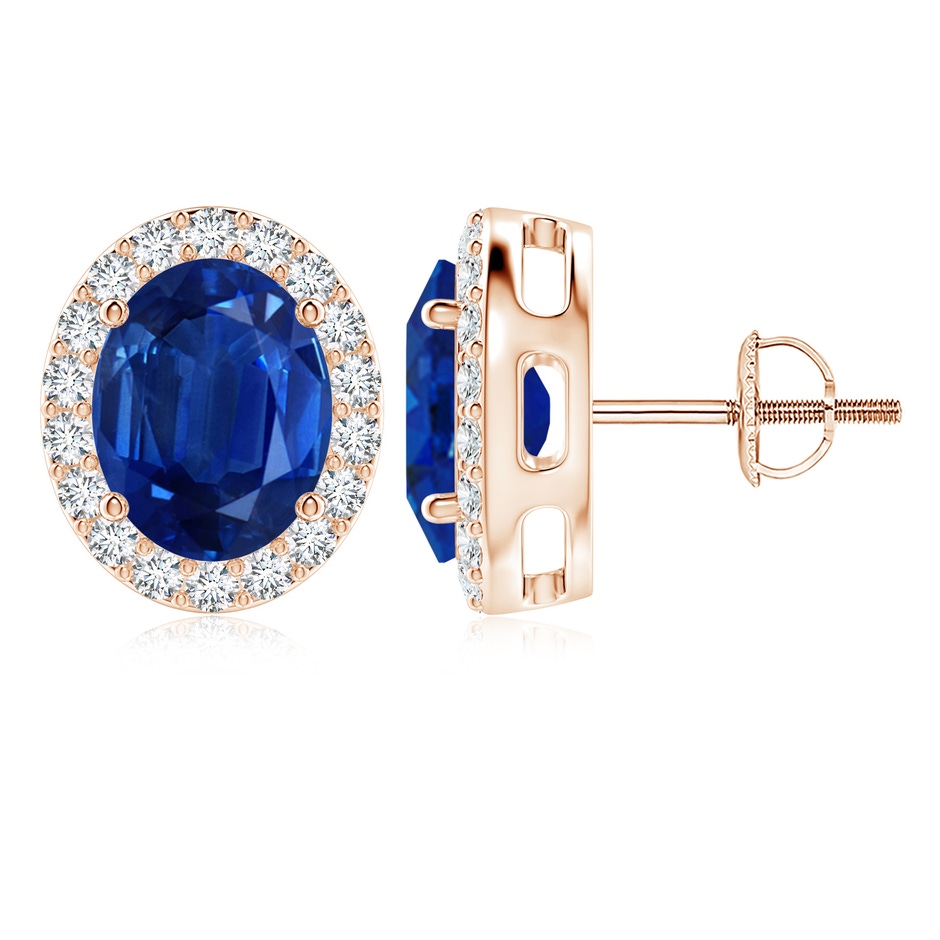 10x8mm AAA Oval Blue Sapphire Studs with Diamond Halo in Rose Gold 