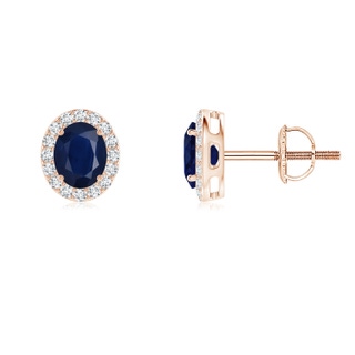 5x4mm A Oval Blue Sapphire Studs with Diamond Halo in 9K Rose Gold