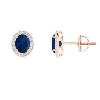 5x4mm AA Oval Blue Sapphire Studs with Diamond Halo in 9K Rose Gold