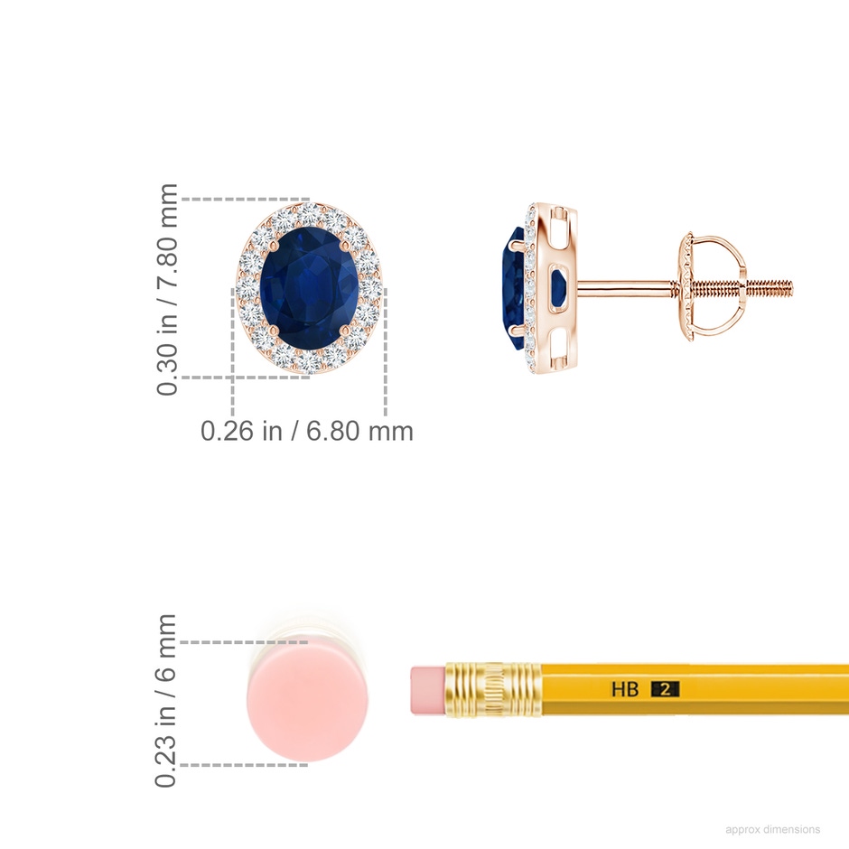 5x4mm AA Oval Blue Sapphire Studs with Diamond Halo in 9K Rose Gold ruler