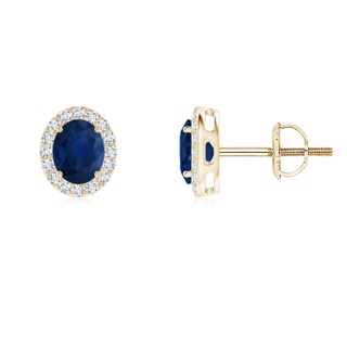 5x4mm AA Oval Blue Sapphire Studs with Diamond Halo in Yellow Gold