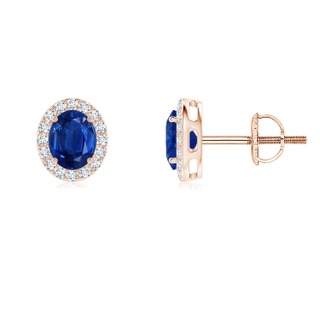 5x4mm AAA Oval Blue Sapphire Studs with Diamond Halo in Rose Gold