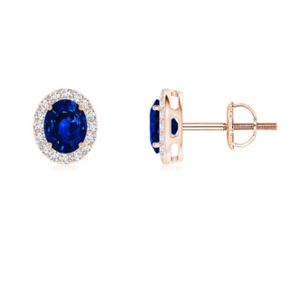 5x4mm AAAA Oval Blue Sapphire Studs with Diamond Halo in Rose Gold