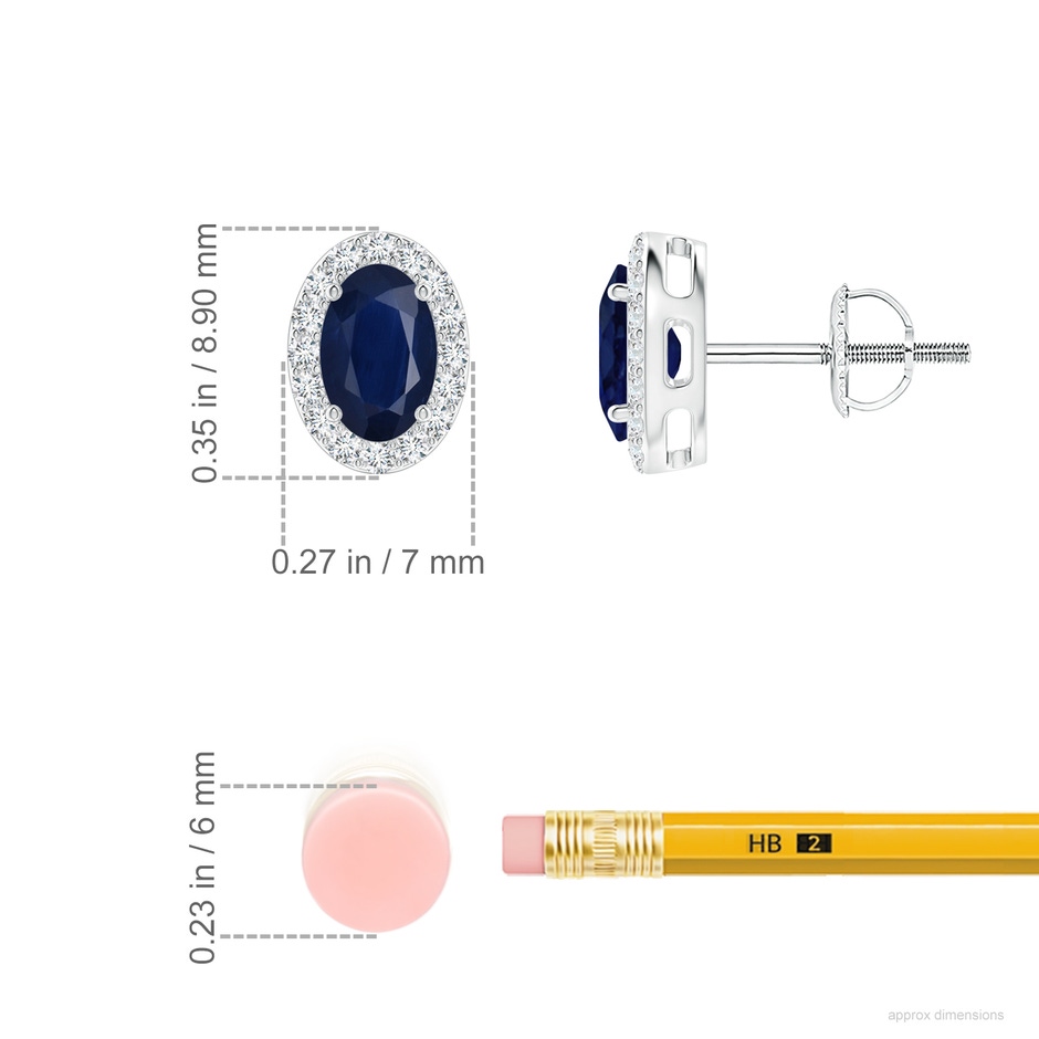 6x4mm A Prong-Set Oval Blue Sapphire Stud Earrings with Diamond Halo in White Gold ruler