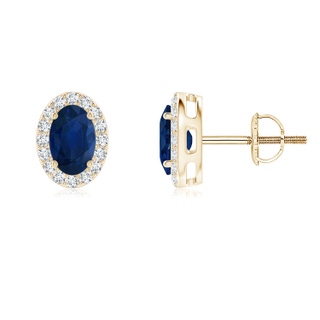 6x4mm AA Oval Blue Sapphire Studs with Diamond Halo in Yellow Gold