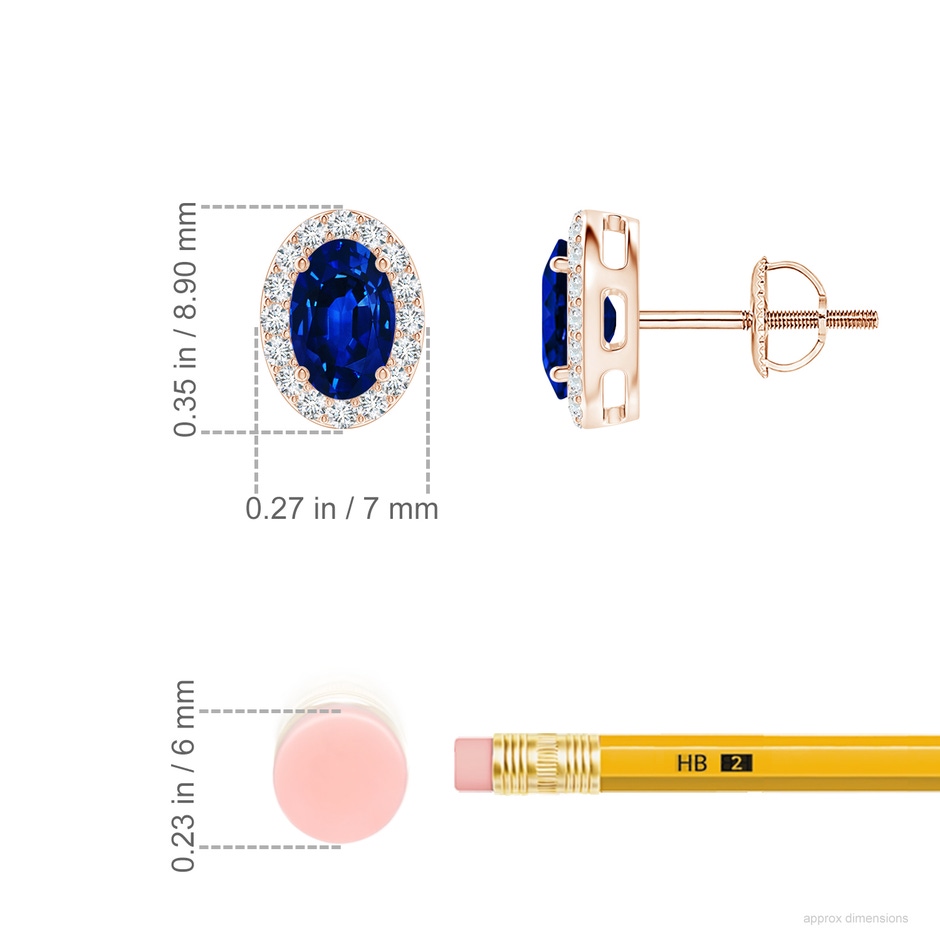 6x4mm AAAA Prong-Set Oval Blue Sapphire Stud Earrings with Diamond Halo in Rose Gold ruler