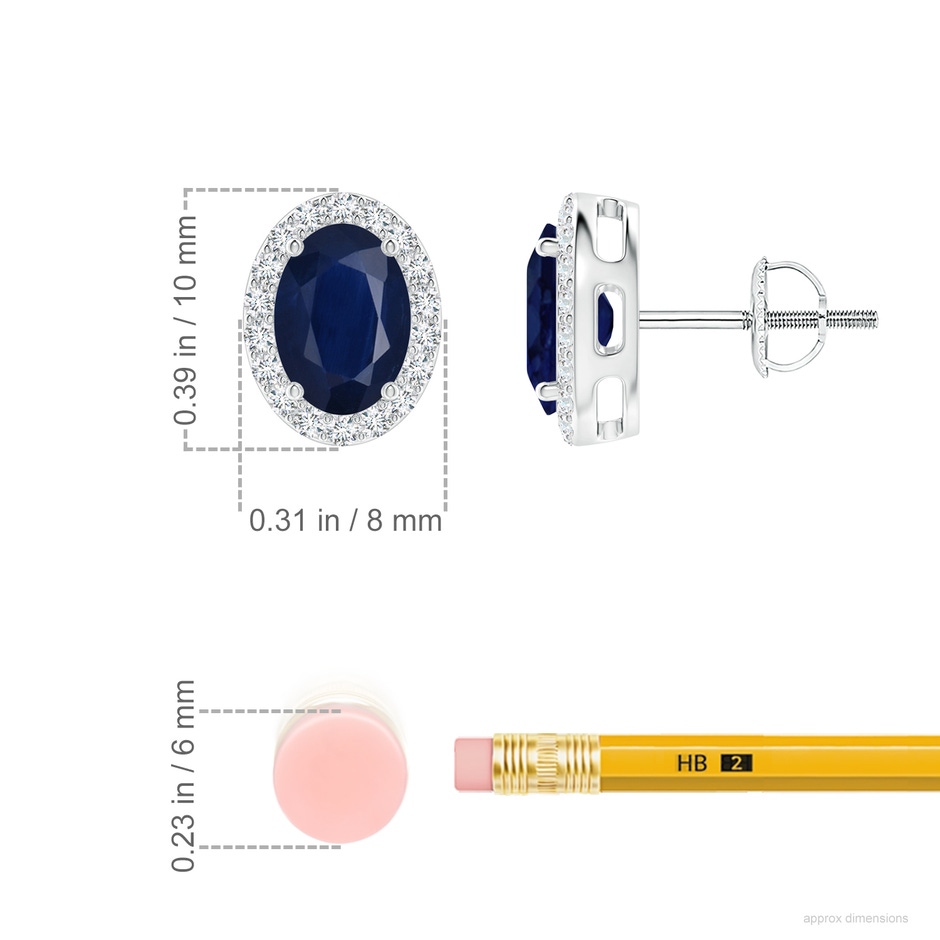 7x5mm A Prong-Set Oval Blue Sapphire Stud Earrings with Diamond Halo in White Gold ruler